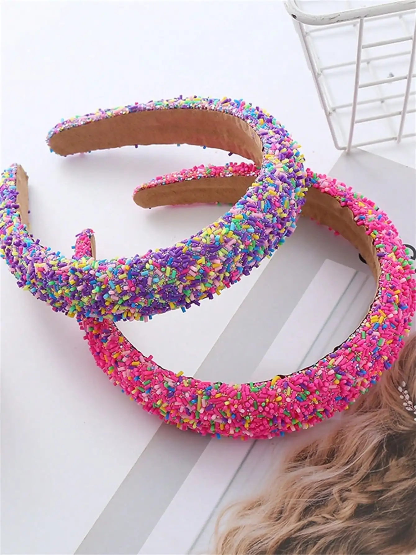 1 women\'s new summer fashion sponge wide edge colorful rice bead hair accessories headband trend light luxury headband