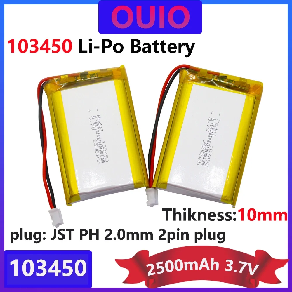 High Capacity 3.7V 103450 2500mAh Rechargeable Polymer Lithium Battery  for PS4 Cameras GPS Bluetooth Speakers  PH  2pin plug