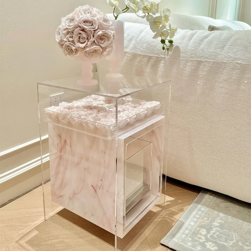 Pink marble pattern small coffee table acrylic edge table living room corner table