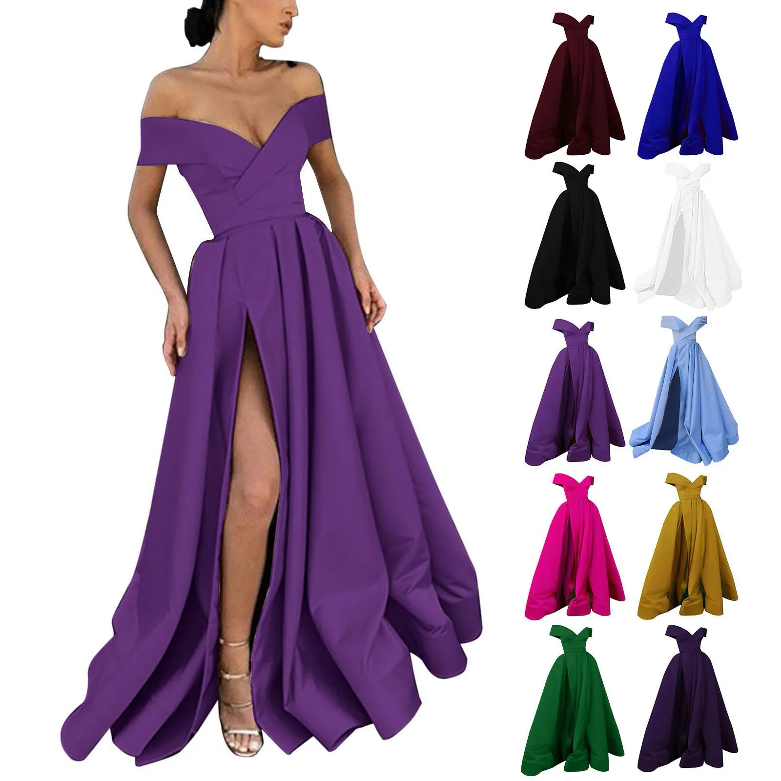 

Women Sexy Off Shoulder V Neck Maxi Formal Dresses Sleeveless High Slit Celebrity Long Elegant Dress Evening Prom Party Gown