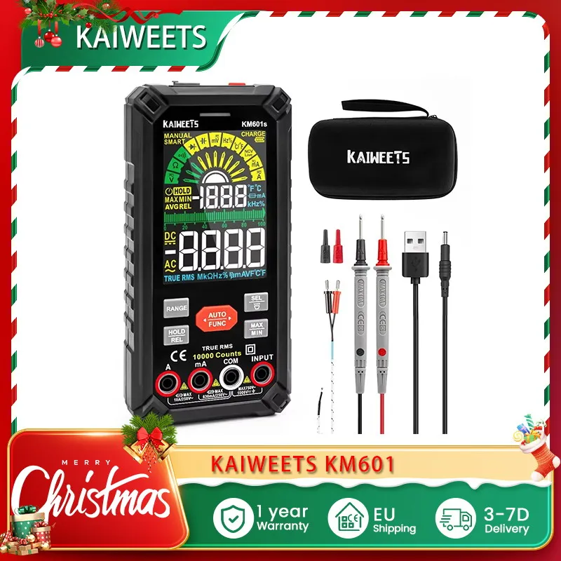 KAIWEETS KM601 Digital Multimeter 10000 Counts True-RMS Meter Smart Mode Manual Mode LED Lightning Jacks Auto-Lock