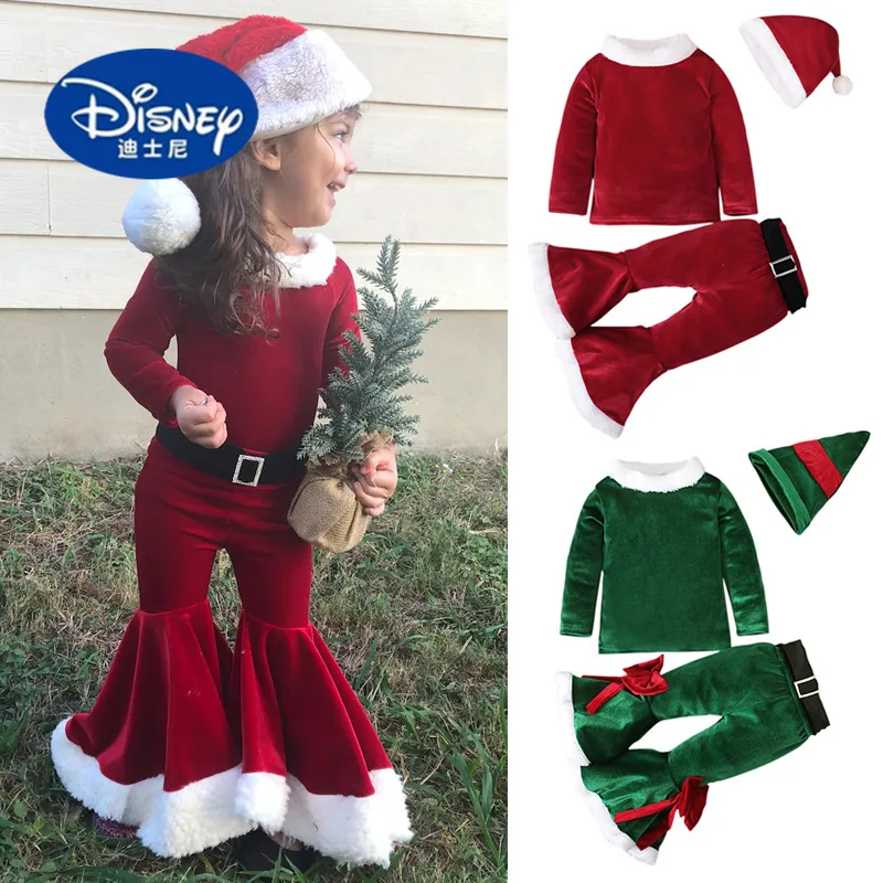 

Disney 2025 Christmas Kids 3-Piece Set, Long Sleeve Top + Bell Bottoms + Hat,