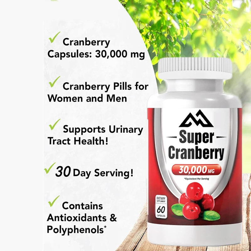 Male and female cranberry concentrate 30000mg 60 capsules support urinary system health,bladder and kidney support, antioxidants