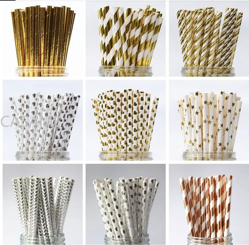 25pcs Foil Gold Silver Disposable Drinking Paper Straws Rainbow for Birthday Wedding Christmas Party Event Supplies