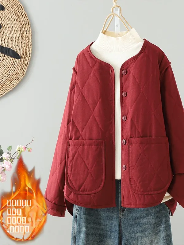 

Loose Fit round Ne Quilted Cotton Jaet Retro Color Versatile Winter Outerwear Women's Faion Commute Sle Coat