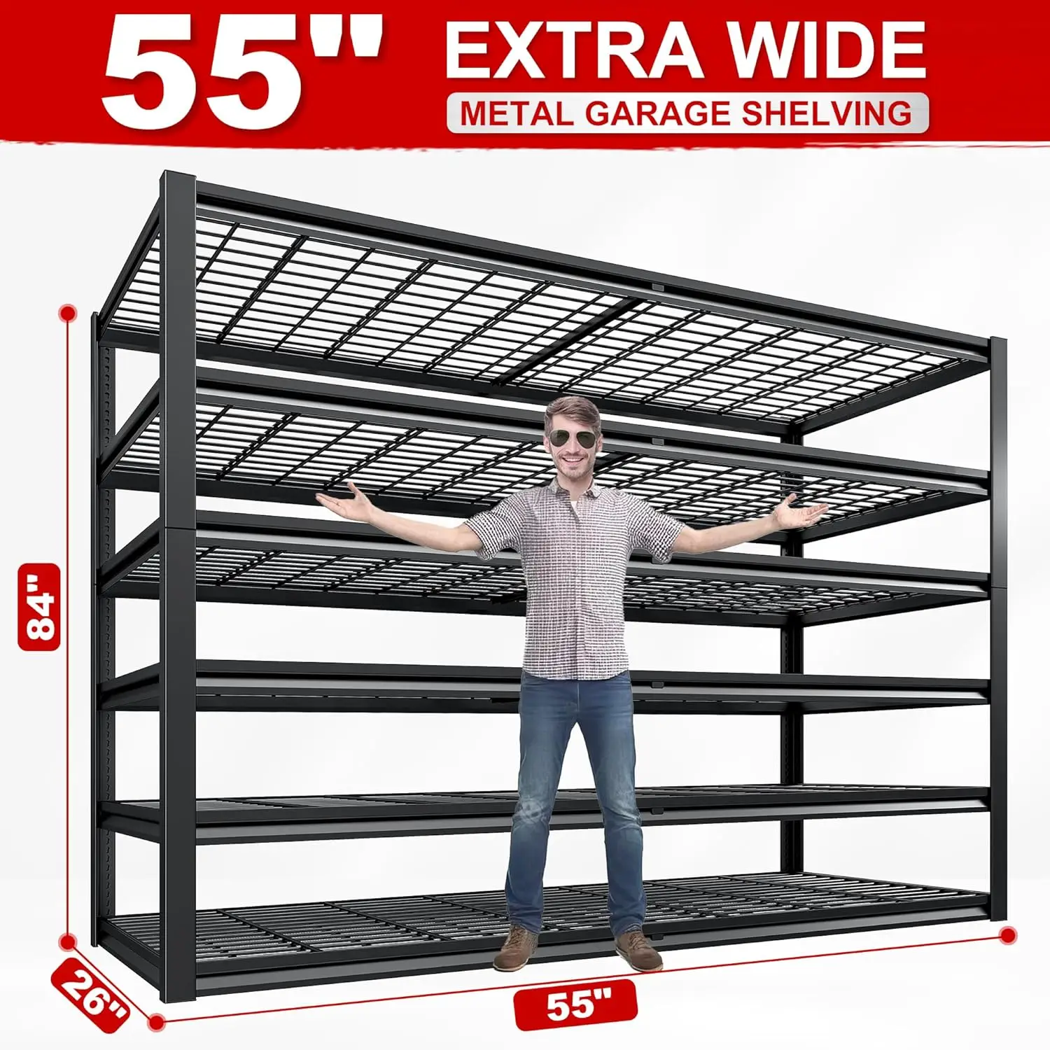 REIBII 3500LBS Prateleiras de armazenamento para garagem Prateleiras resistentes, 55 "L x 26" P x 84 "H Prateleiras de metal com 6 camadas ajustáveis