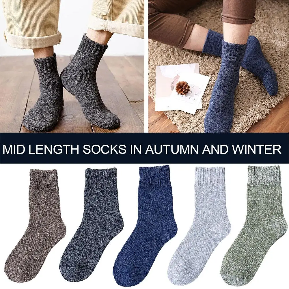 5 Pairs Men's Retro Solid Color Casual Wool Socks Winter Length Mid Ultra Cashmere Warm Thick Sock Antifreeze Socks Harajuk P3Z6