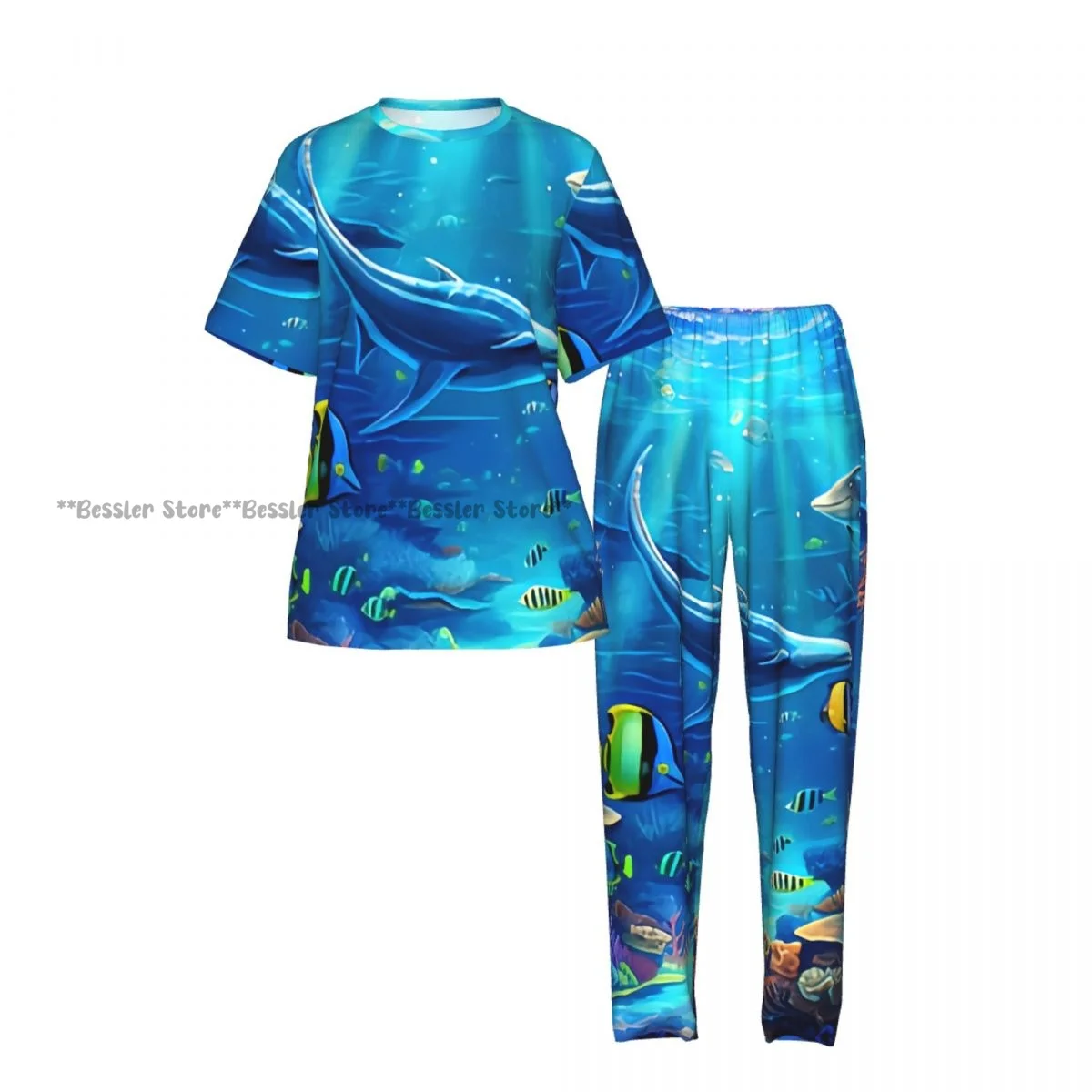 Women Pajama Sets Lounge Sleepwear Underwater World Ocean Animal Plant Fish Short Sleeve Nightwear view 2