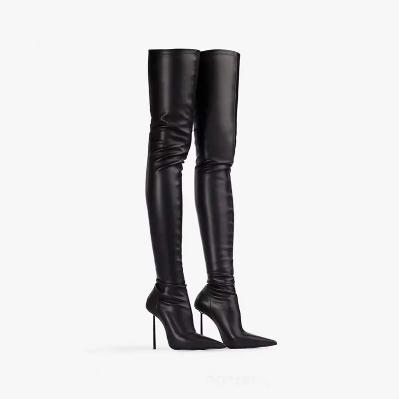 

New Stylish Women Overknee Long High Heels Boots Black Red Leather Stretch Tall Stilettos Pointed Toe Shoes Botas Mujer