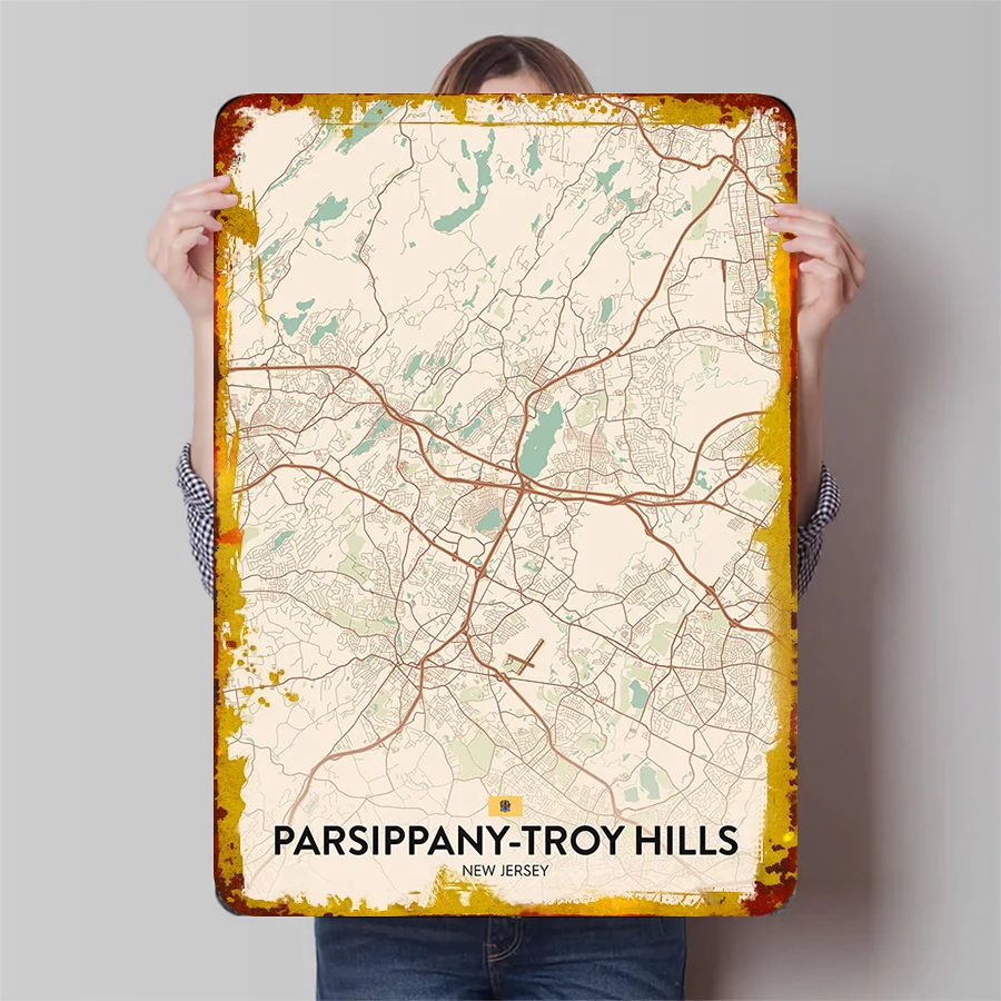 Parsippany Troy Hills New Jersey USA Vintage Style City Map Metal Wall Art Decor Home Office Decoration Gift