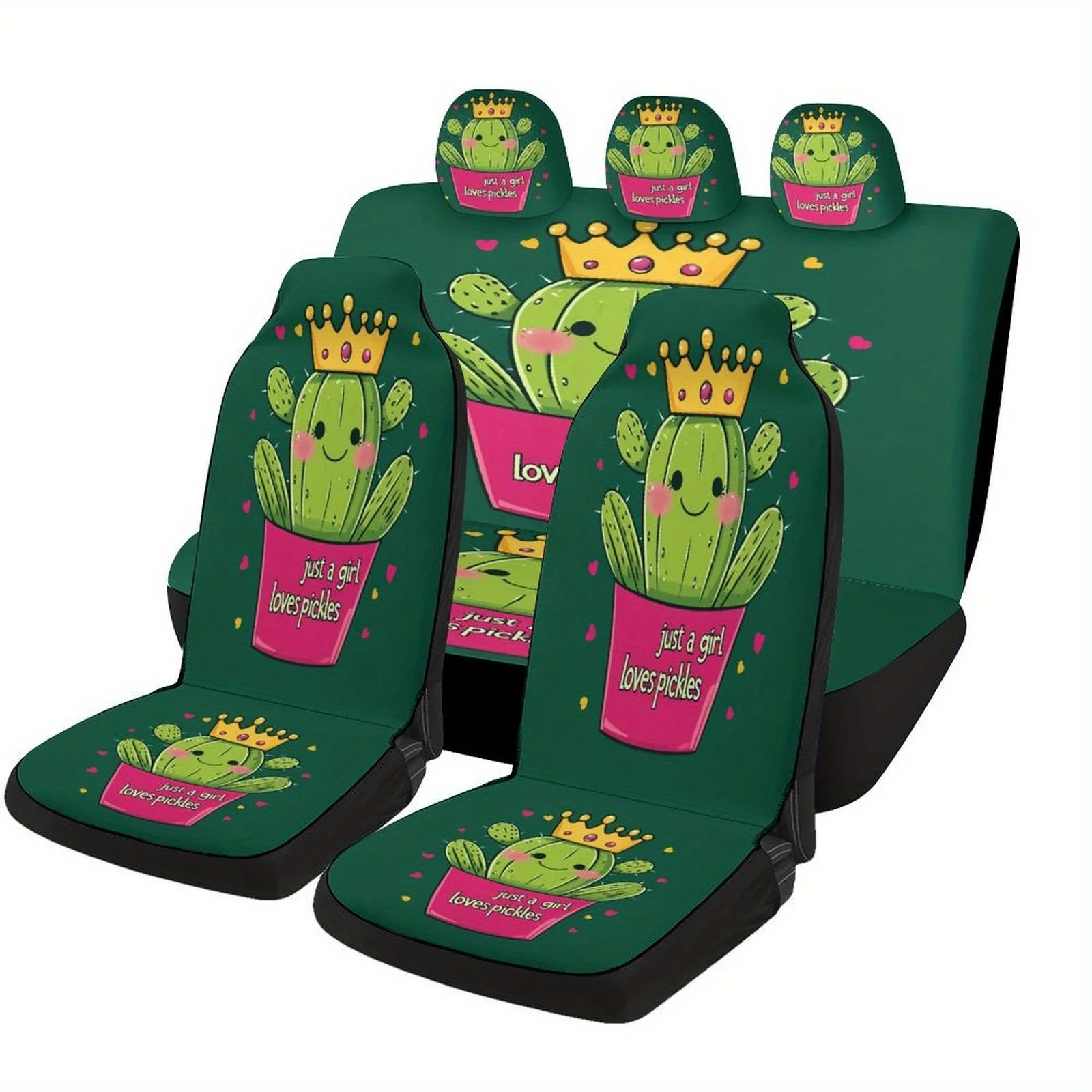 Cactus Princess Loves Pickles Themed Car Seat Cover Set For Most Cars, Fashion Novelty Car Seat Protector Covers Full Set, Car