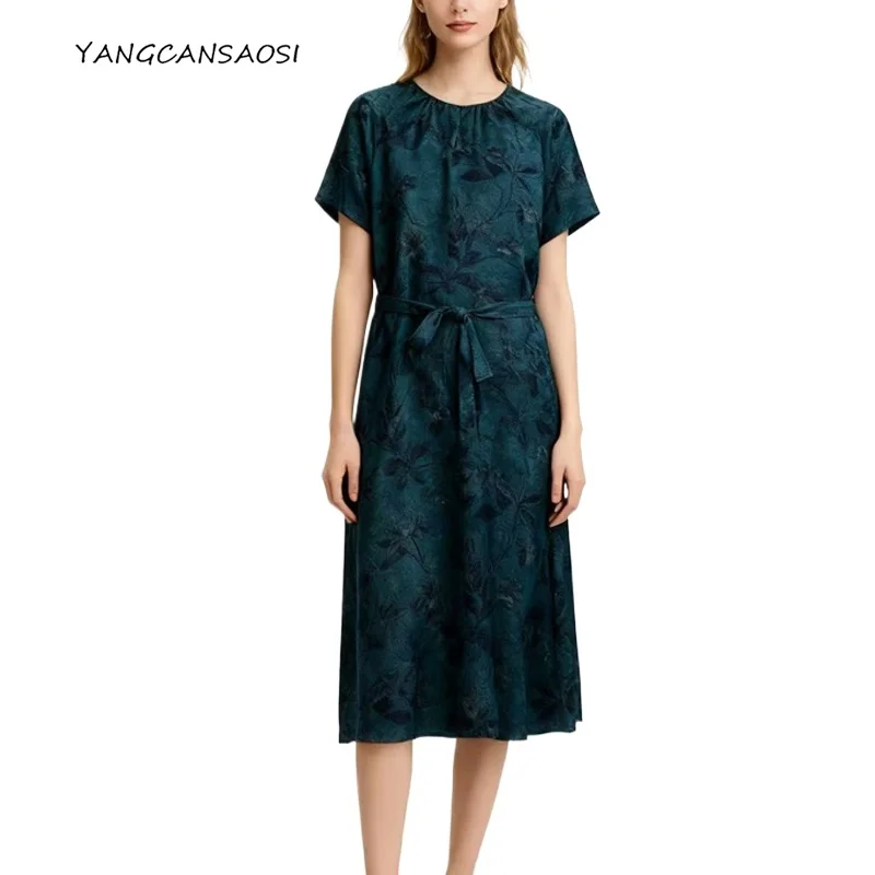 

Women's Fashion Clothing 100% Natural Mulberry Silk Women's Fashion Clothing Round Neck Short Sleeved Lace A-line Print Dress