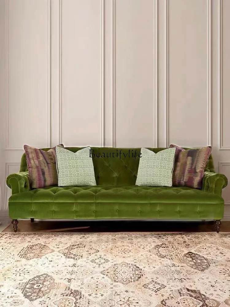 35-*French country American retro buckle simple green fabric velvet three-person sofa