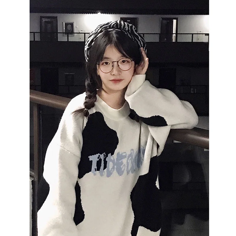 Maglione sopra la testa lungo ampio lavorato a maglia con motivo mucca carino per donna Autunno Inverno Faion Lazy Sle Riduzione dell'età di piccole dimensioni