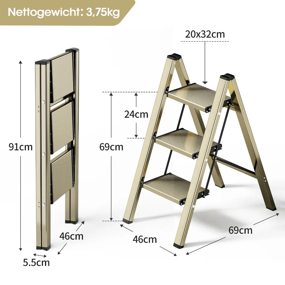 Ladnamy-Liga de alumínio Folding Step Stool, Anti-Slip Pedal Largo, Multifunções Step Ladder, Prateleira de armazenamento, Flower Pot Stand, 3 Passo