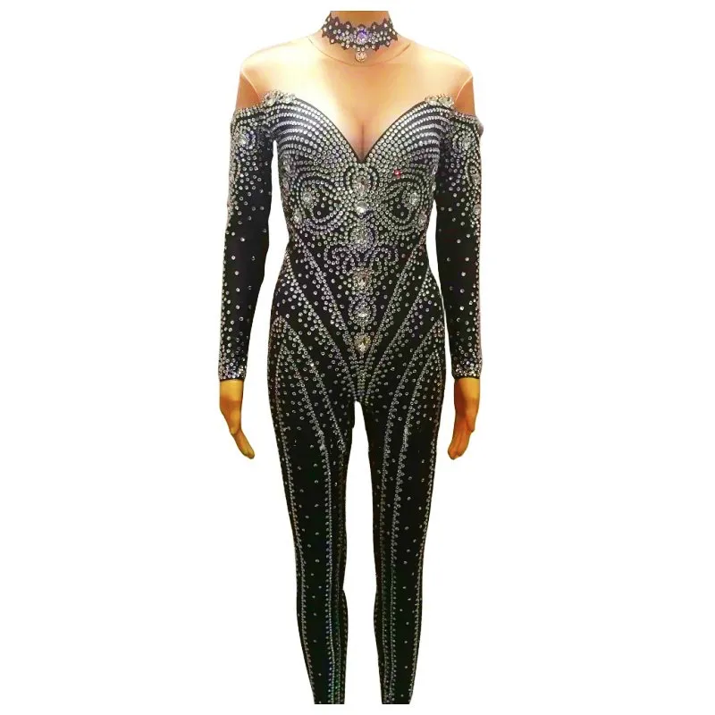 Black Rhinestones Women Jumpsuit Luxury Birthday Party Evening Celebrate Stage Costume Bar Singer Concert Performance Clothes