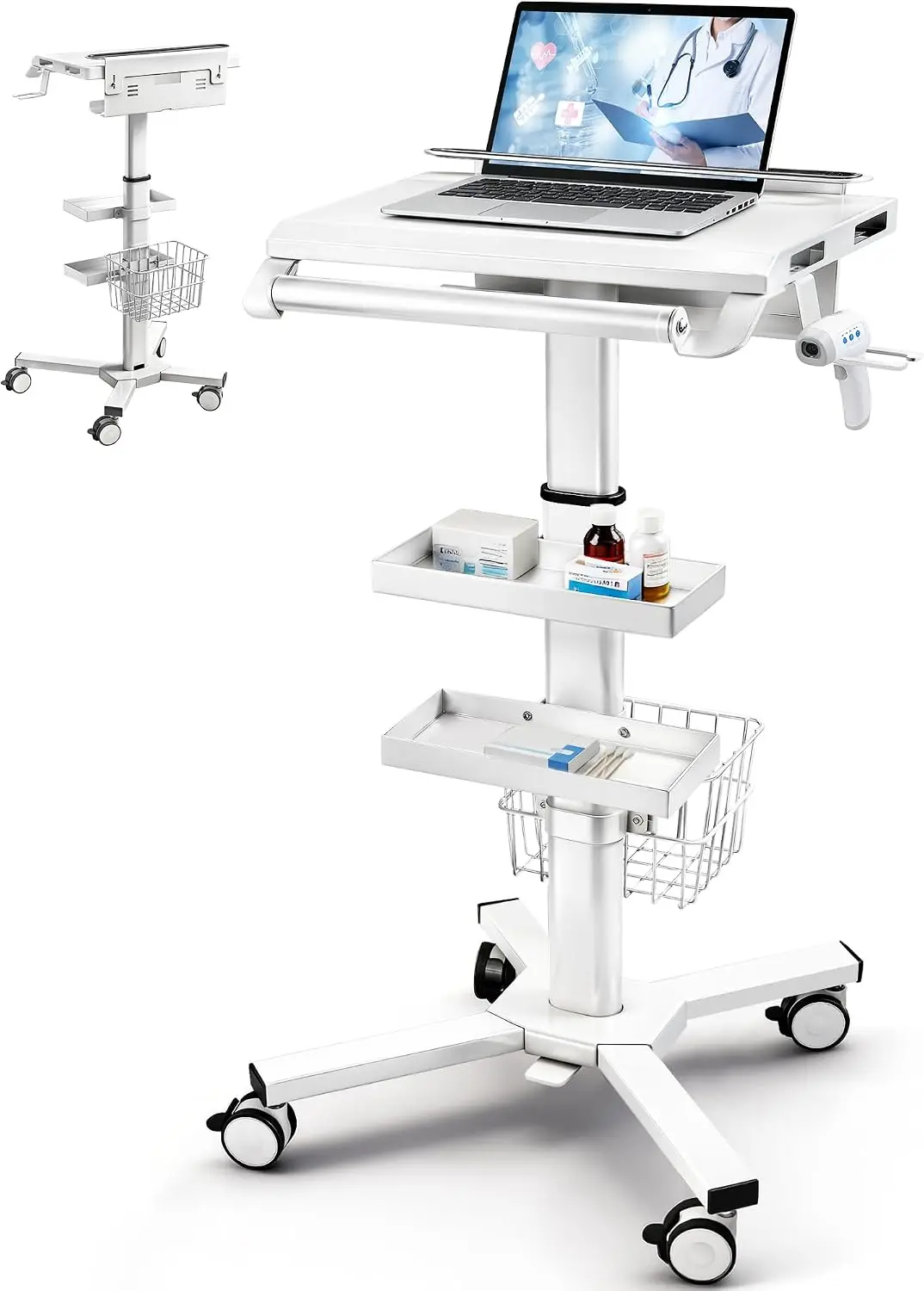 Height Adjustable Medical Lab Utility Cart Mobile Hospital Trolley Scanner Holder Trays Basket Large Tabletop Dental Clinic Salo