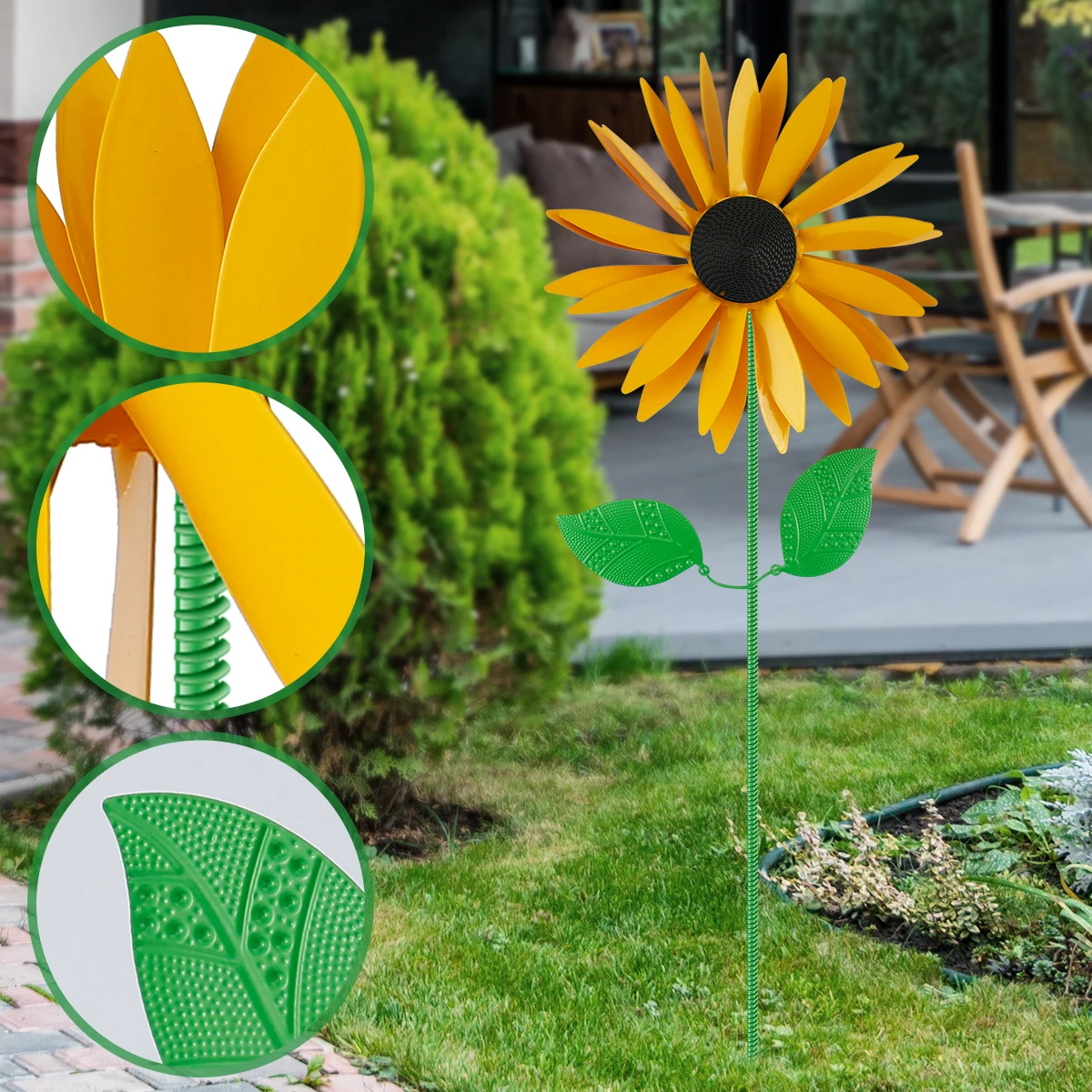 Sunflower Windmill Metal Rotating Sunflower Art Weather Vane Wooden Stake Vertical Lawn Windmill Outdoor Garden Decoration