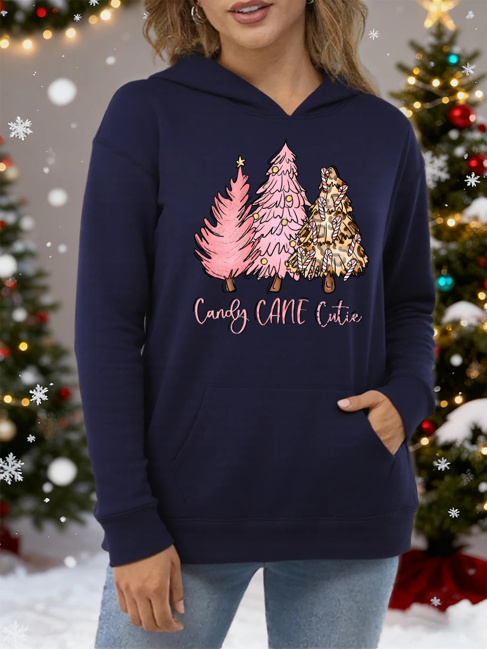 

Женская толстовка с розовым узором в виде рождественской елки, повседневная свободная толстовка с капюшоном, универсальная хлопковая одежда, осенний удобный пуловер унисекс