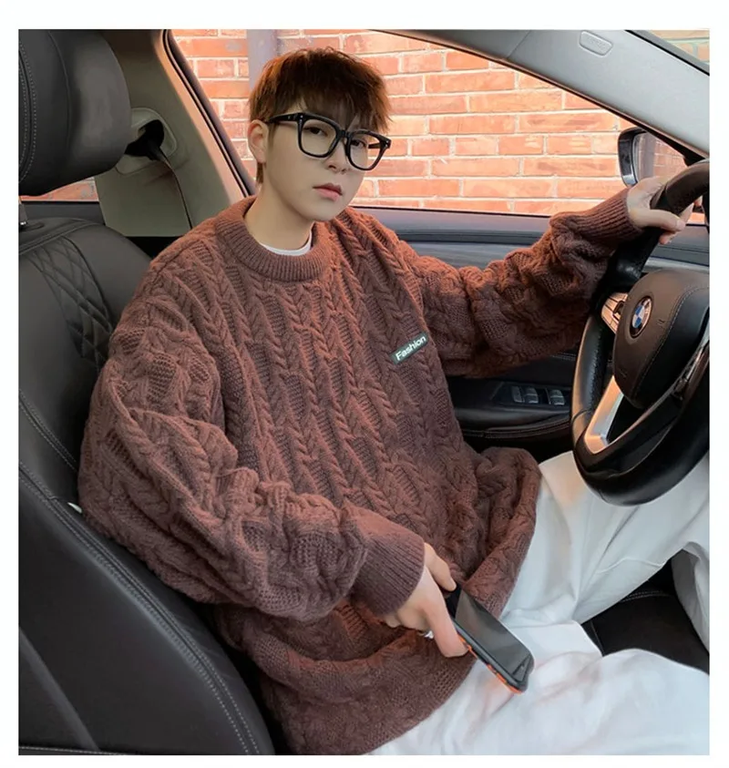 

Sweater men's autumn and winter thick lazy style labeled round neck knitted sweater loose and versatile jacket soft and sticky t