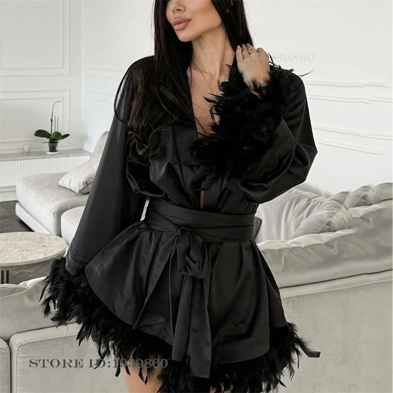 Sexy Feather Women's Robe Night Dress Elegant Silk Satin Sleepwear Home Dress Sexy Mini Bride Bathrobe Kimono Gown Night Dress