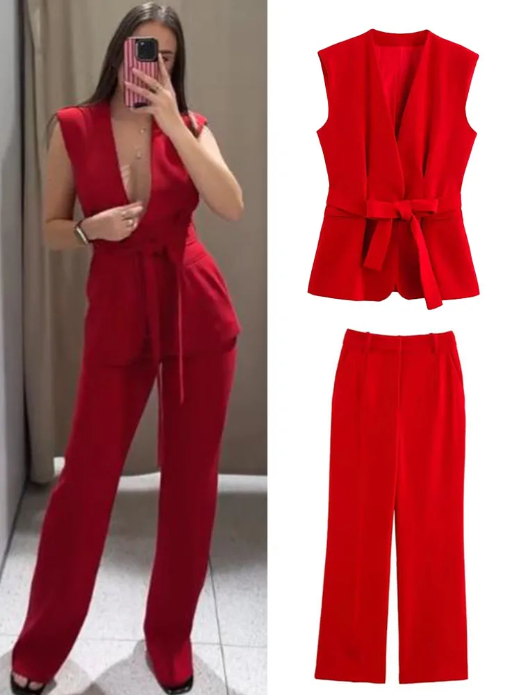 

TRAFZA Women Pants 2- Piece Suit V Neck Pocket Belt Decorate Sleeveless Vest Top+Solid Elegant High Waist Side Zipper Trousers