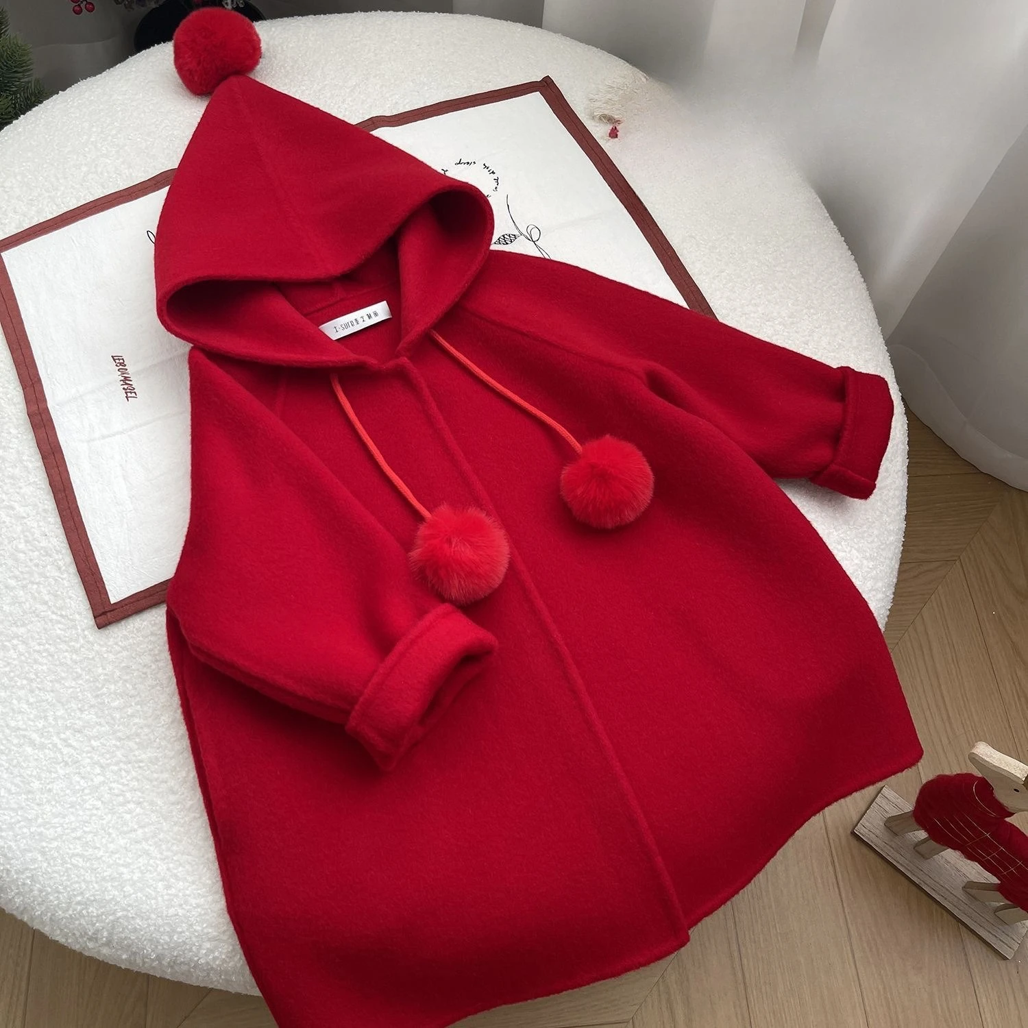 

2025 Girls' New Autumn And Winter Little Red Hat Woollen Coat Cute Hooded Red Coat