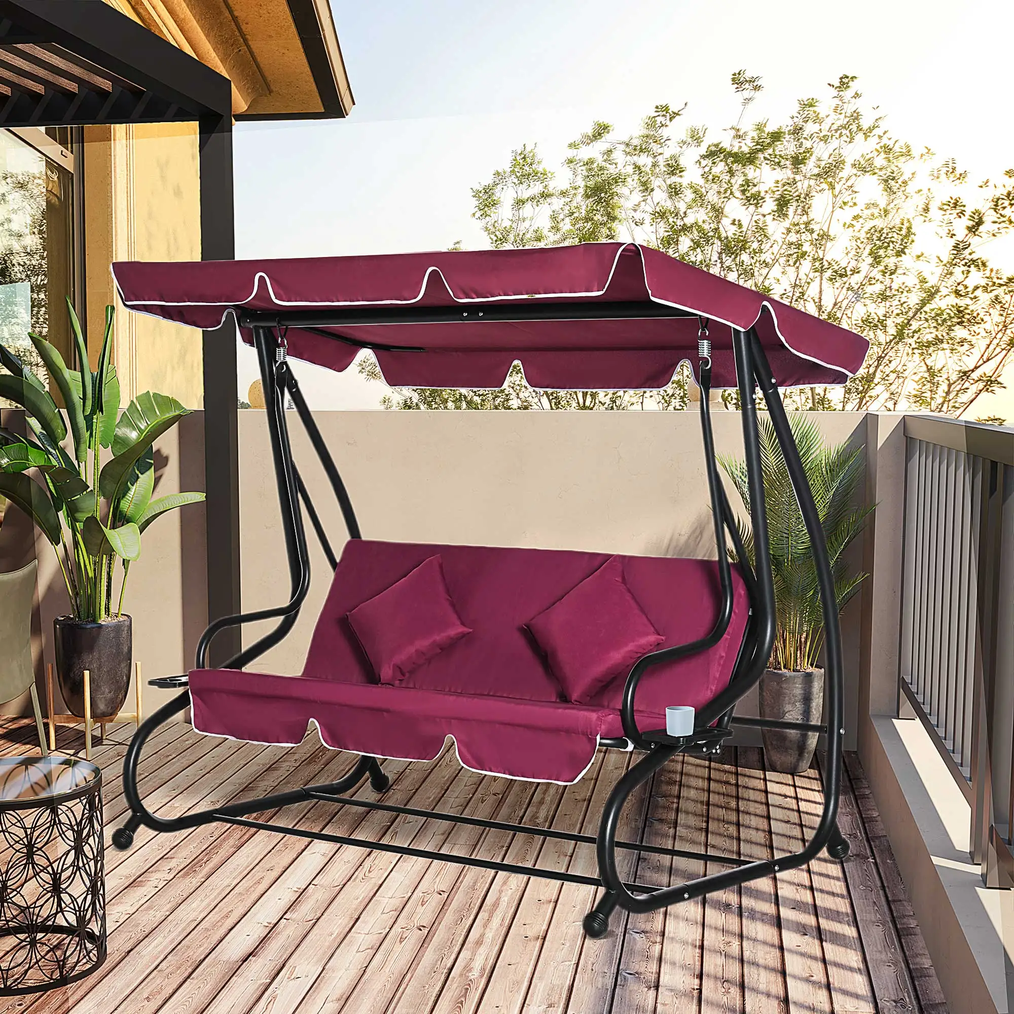 3-Seat Outdoor Patio Swing Chair, Converting Flatbed, Outdoor Swing Glider with Adjustable Canopy, Removable Cushion