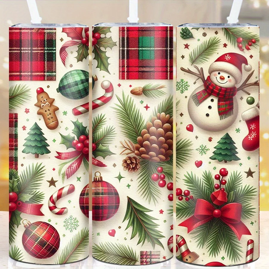 1pc Festive 20oz Stainless Steel Tumbler with Straw, 3D Printed Christmas Snowman, Gingerbread Man, Candy Cane Patterns, Slim Straight Cylinder Cup for Hot and Cold Beverages, Holiday Gift for Her