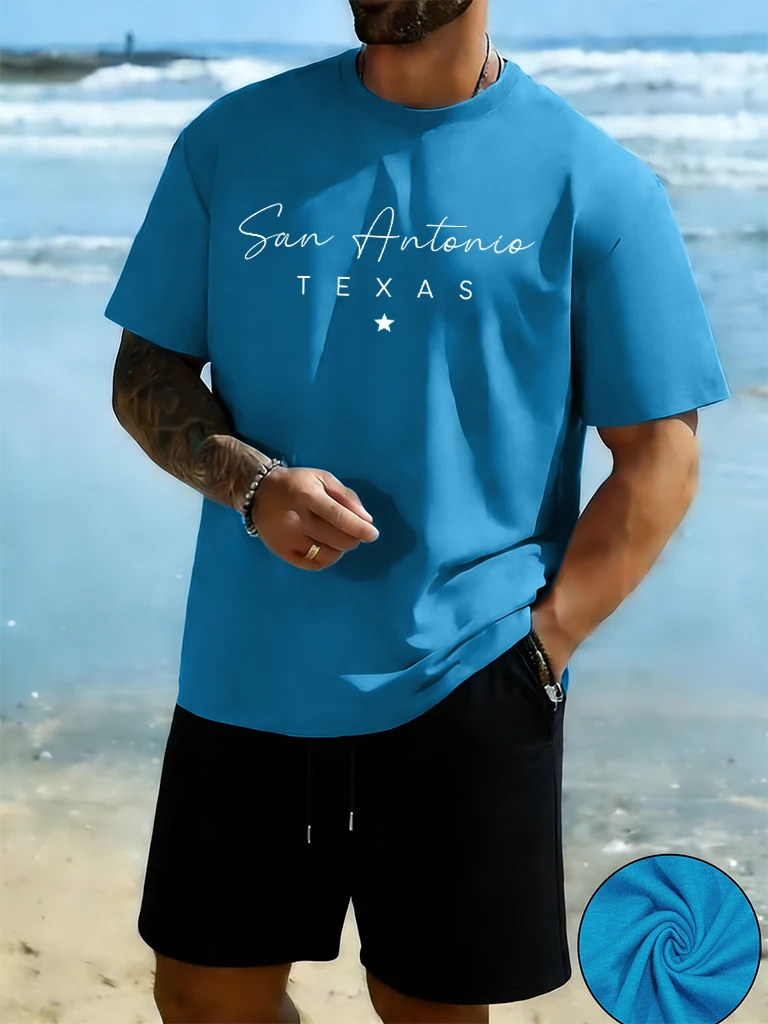 

San Antonio Texas Creative Letter Pattern Street Summer Simple T Shirt Man Sets Cotton Breathable Clothing Pocket Loose Shorts