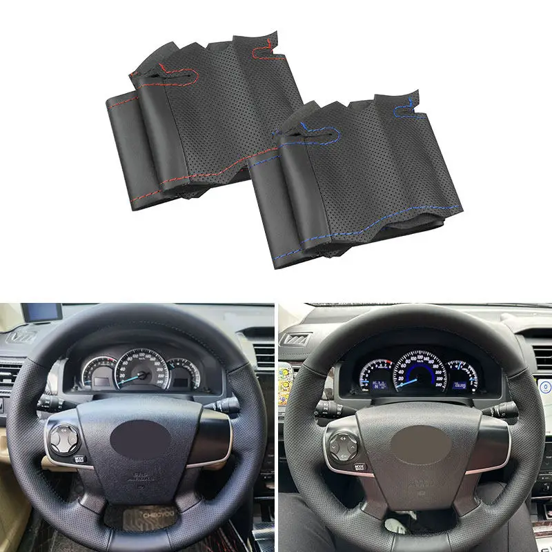 Microfiber Perforated Leather Cover For Toyota Camry 2012 2013 2014 2015 2016 Car Accessories Steering Wheel Braid with Line Bar