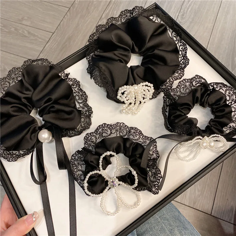 

Women Black Lace Women's New Hair Rope Elastic Pearl Bow Hairbands