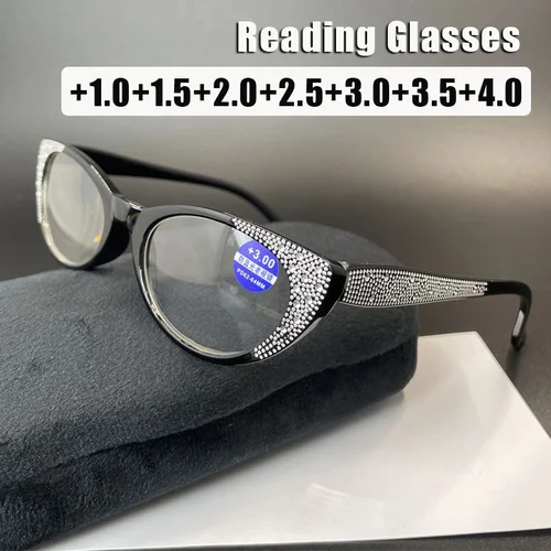 Gafas de presbicia antiluz azul con tachuelas de diamantes a la moda, gafas Retro de ojo de gato para personas mayores, gafas de lectura HD ovaladas de montura pequeña
