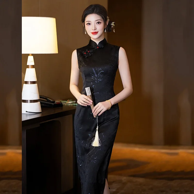 

Black Sleeveless Chinese Style Long and Improved Cheongsam 2025 New Young Style Women's Retro Slim Qipao Dress