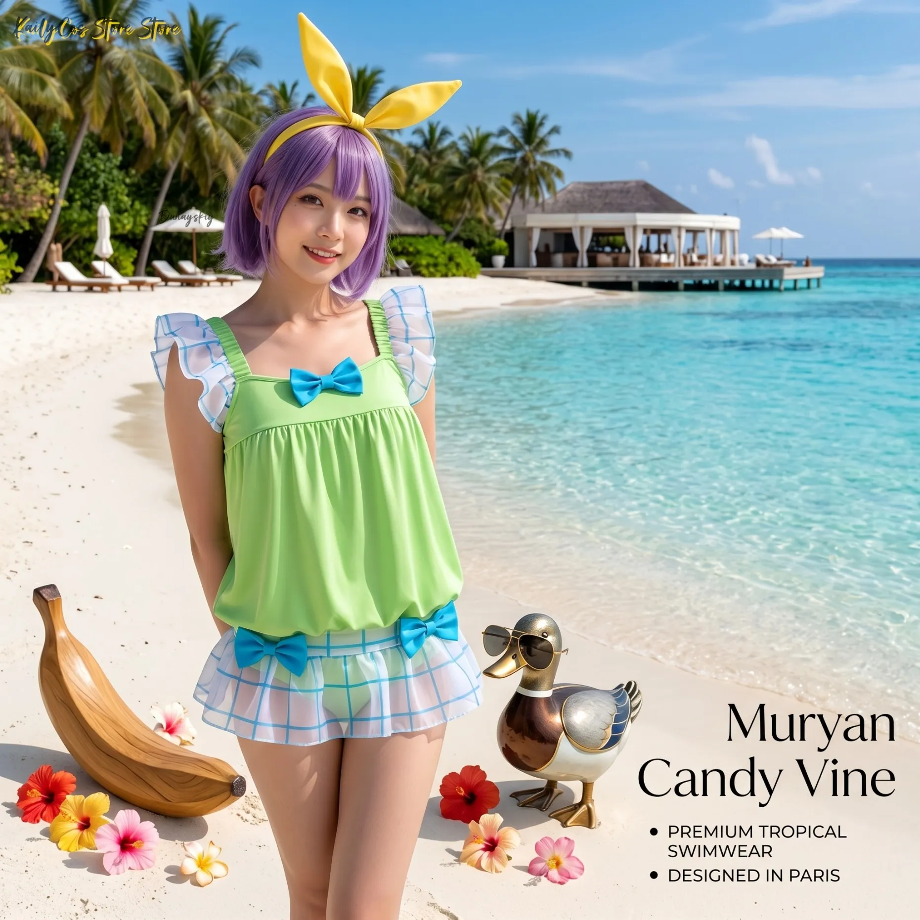 

Костюм для косплея Fate/Grand Order Muryan Candy Vine Summer Swimsuit: зеленое милое платье с синими бантами, наряд для Хэллоуина