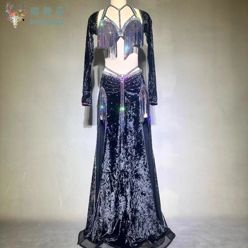 밸리 댄스 블랙 퍼포먼스 의상 여성용 밸리 댄스 경연 대회 슈트 브라 + 긴 소매 + 피쉬 테일 스커트 댄스 복장
