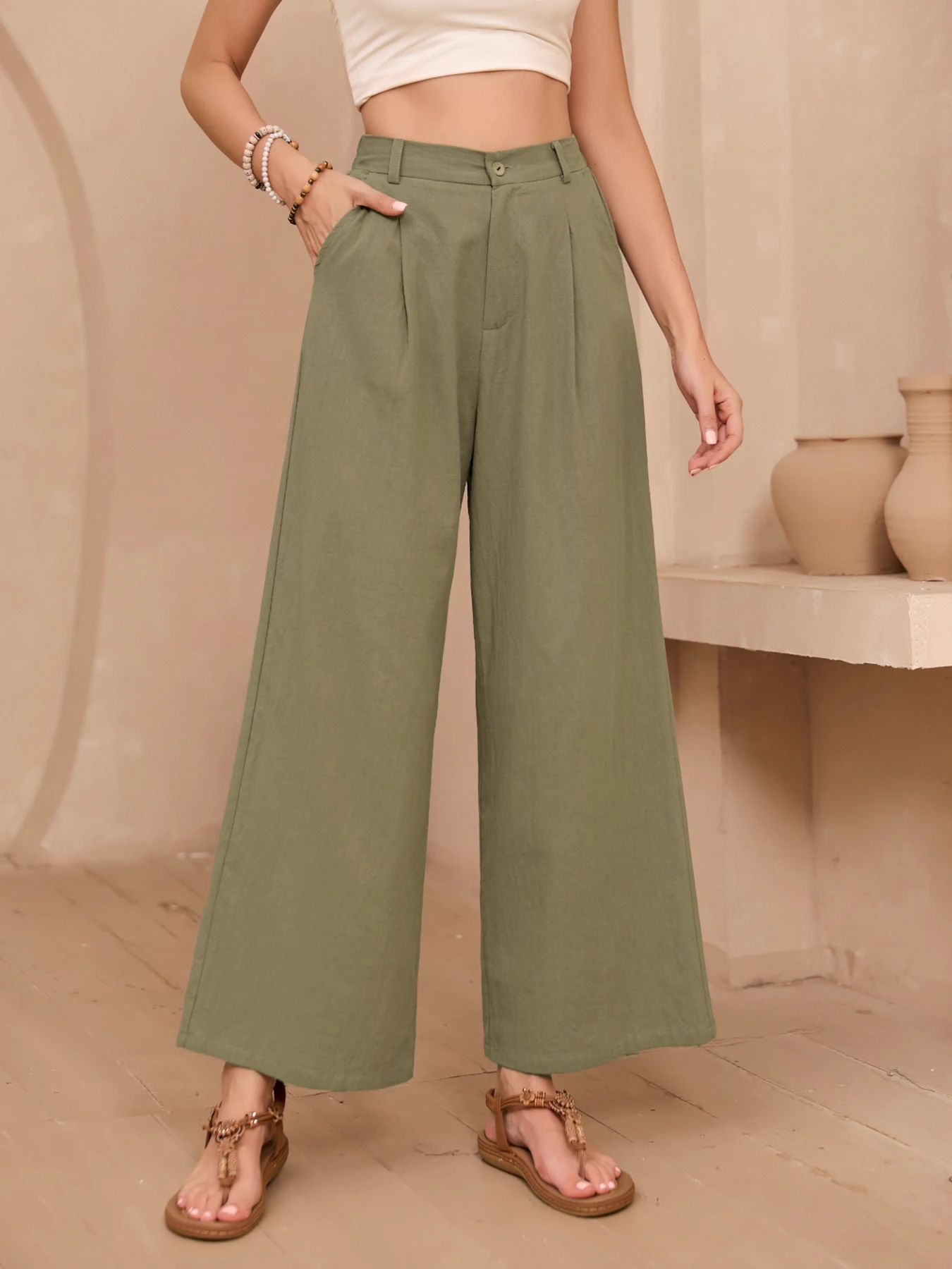 Elegante Einfarbige Leinenhose mit Weitem Bein für Damen Hochgeschnittene Fließende Lässige Sommer Lose Schlankmachende Lange Hose Frühling Herbst – Detail 7