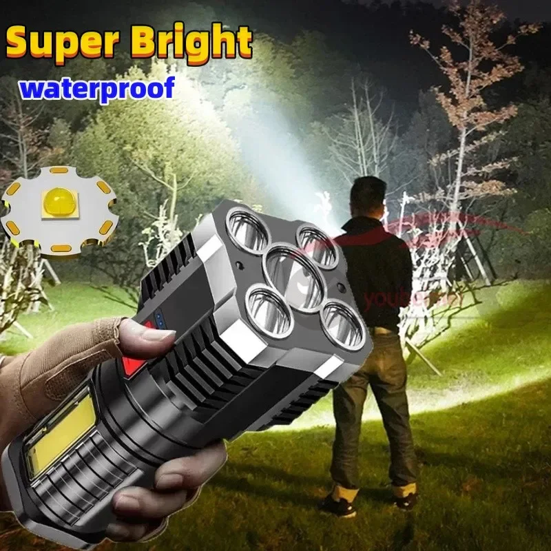 Flashlight USB Recharge 5 LED Light COB Side Light Power Display Outdoor Portable Lamp 4 Mode Waterproof Rechargeable Torches