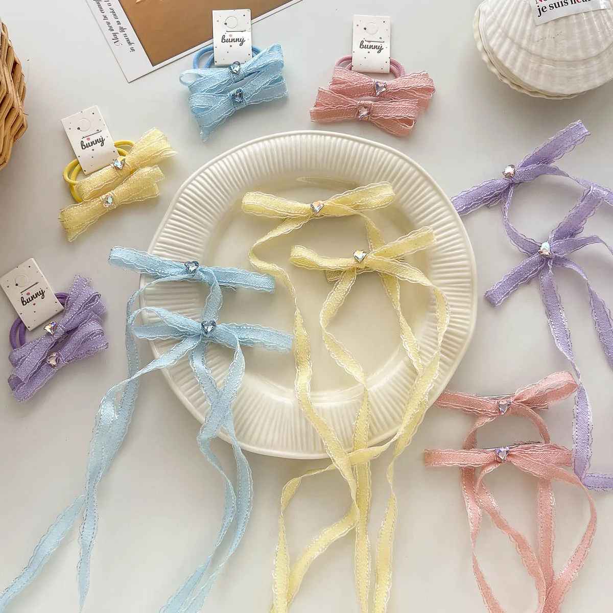 2pcs Love Diamond Streamer Bow Hairpin Elastic Hair Band Girl Ponytail Holder Rubber Band Bangs Side Clip Kids Hair Accessories