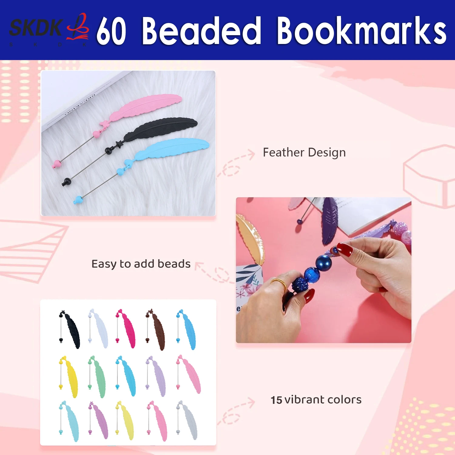 

60Pcs DIY Beaded Feather Bookmark – Creative Reading Accessory for Students and Book Lovers