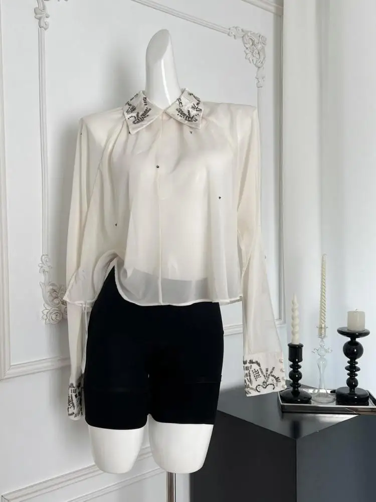 

Осенняя бежевая элегантная рубашка с бриллиантами, женская одежда, винтажные модные топы с длинными рукавами, французская свободная повседневная короткая блузка с темпераментом