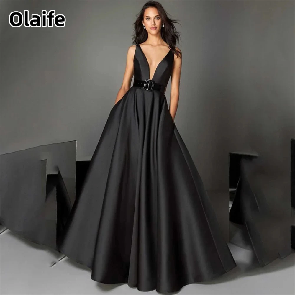 

Olaife A-Line Evening Dress V-Neck Backless Pocket Prom Dress Pleats Satin Party Dresses with Sashes vestidos de noche