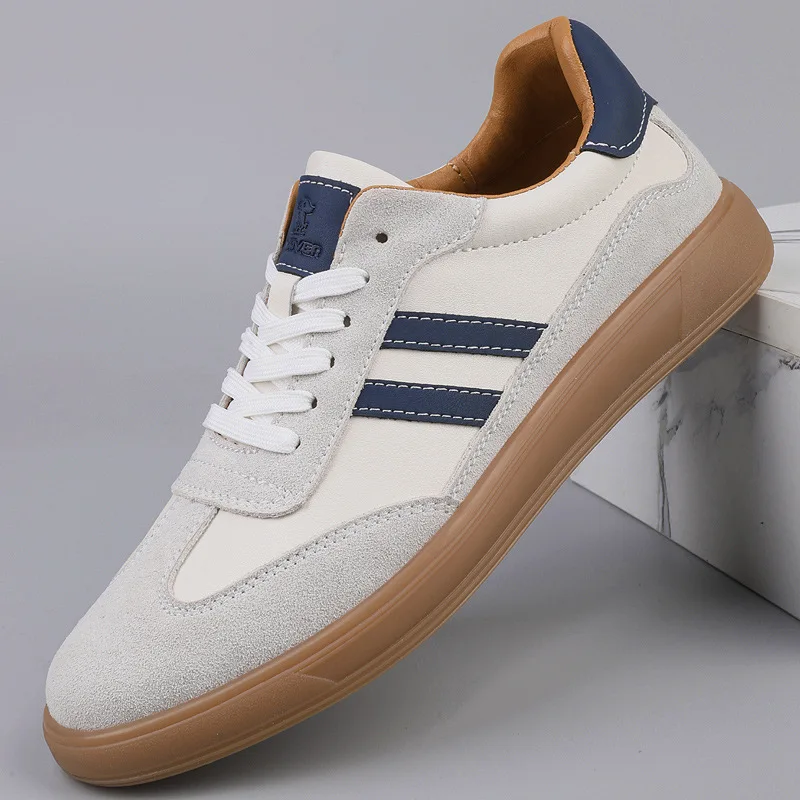 

Spring Men Genuine Leather Casual Shoes Street Cool Striped Flat Skate Shoes Comfortable Lace-up Sneakers
