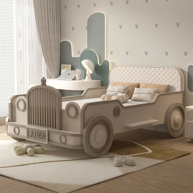 Children\'s bed boy creative personality solid wood single bed boy car white children\'s cot artifact