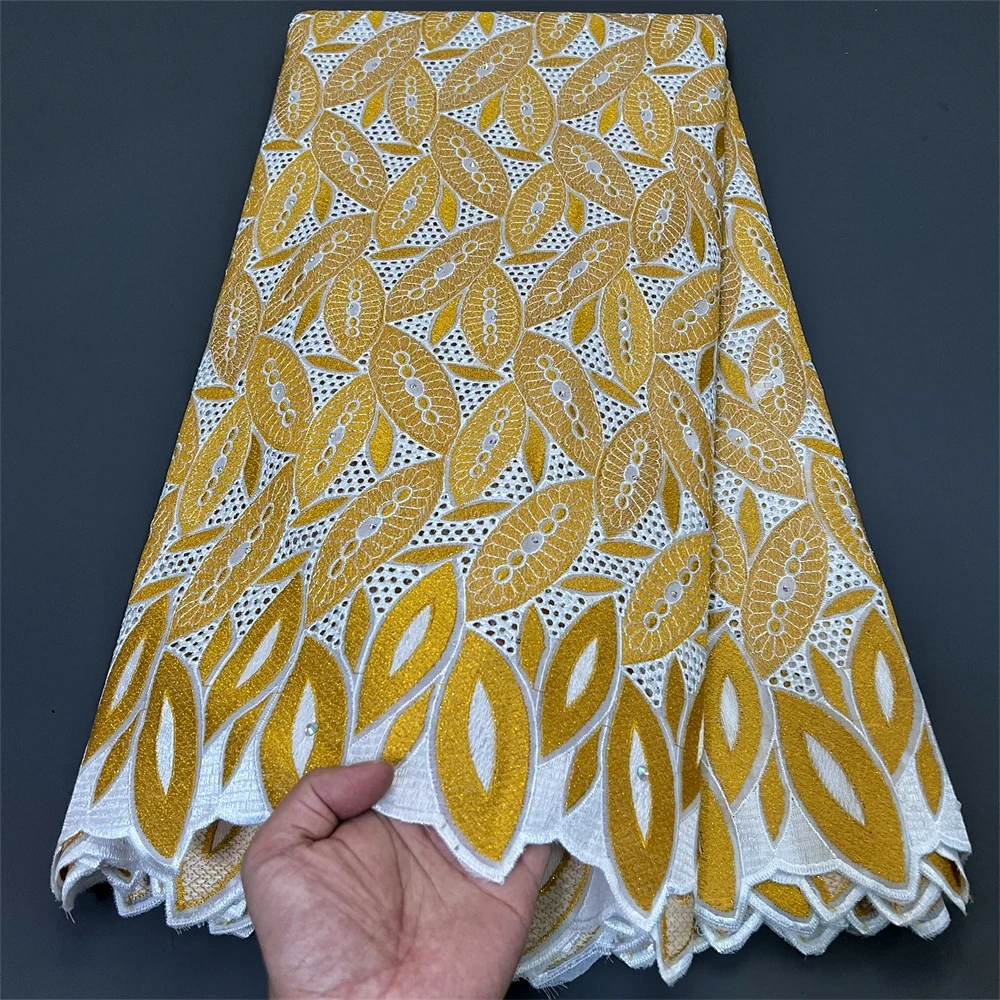 High Quality 2024  African Nigerian Embroidery Tulle Lace Fabric Cotton Wedding Party Golden Dress Damask Sequins 5Yard PS0034