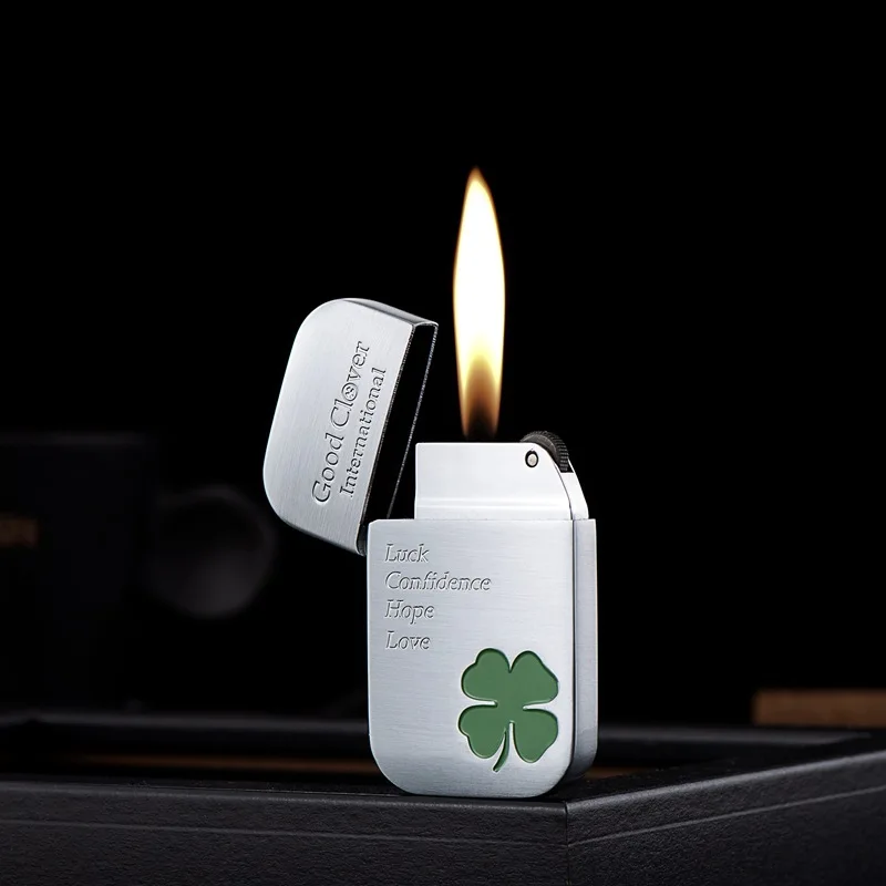 Metal Four-leaf Clover Pattern Grinding Wheel Inflatable Open Flame Lighter, Recyclable Inflatable, Classic Open Flame Lighter