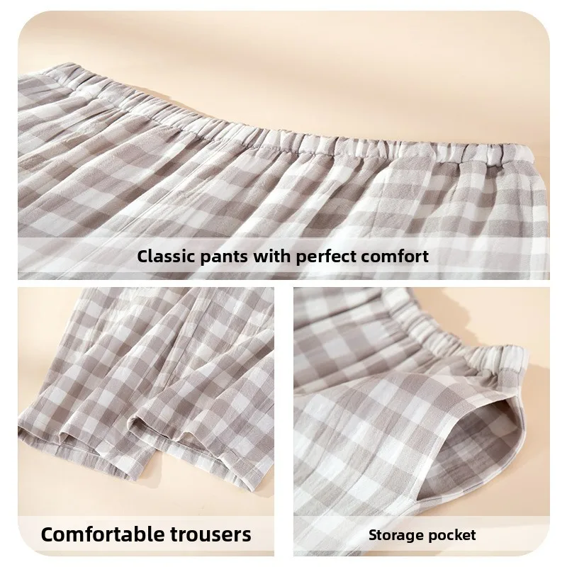 Japanese Style Mens Pajama Set, 100% Cotton Gauze Sleepwear with Solid Color, Lightweight Loungewear for Spring Summer Fall