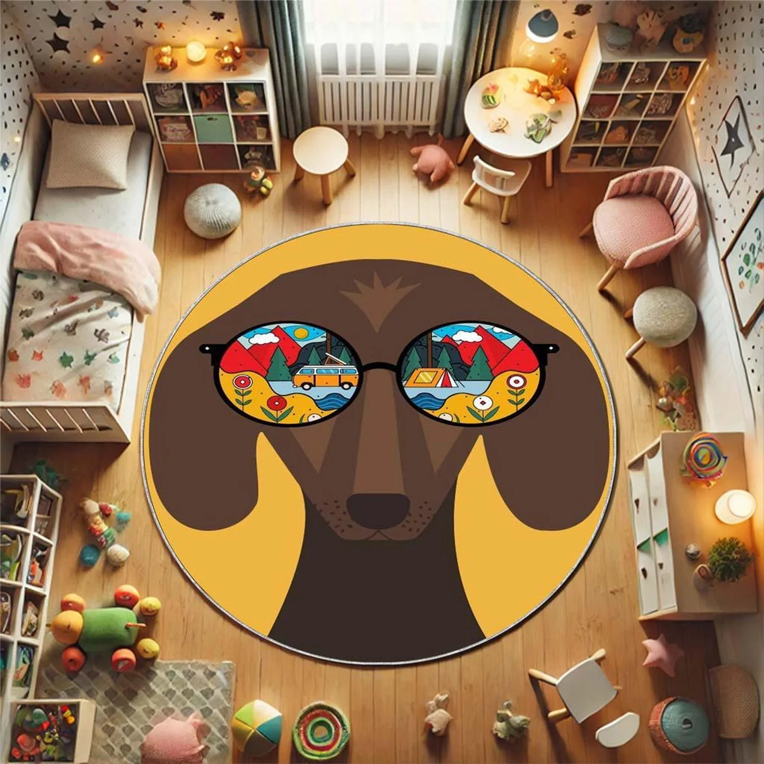 Cool Round Dog Rug with Sunglasses, Retro Camper Style Rug, Colorful Bohemian Style Pet Lover Mat, Unique Dog Lover Home Decor, Pet Mat