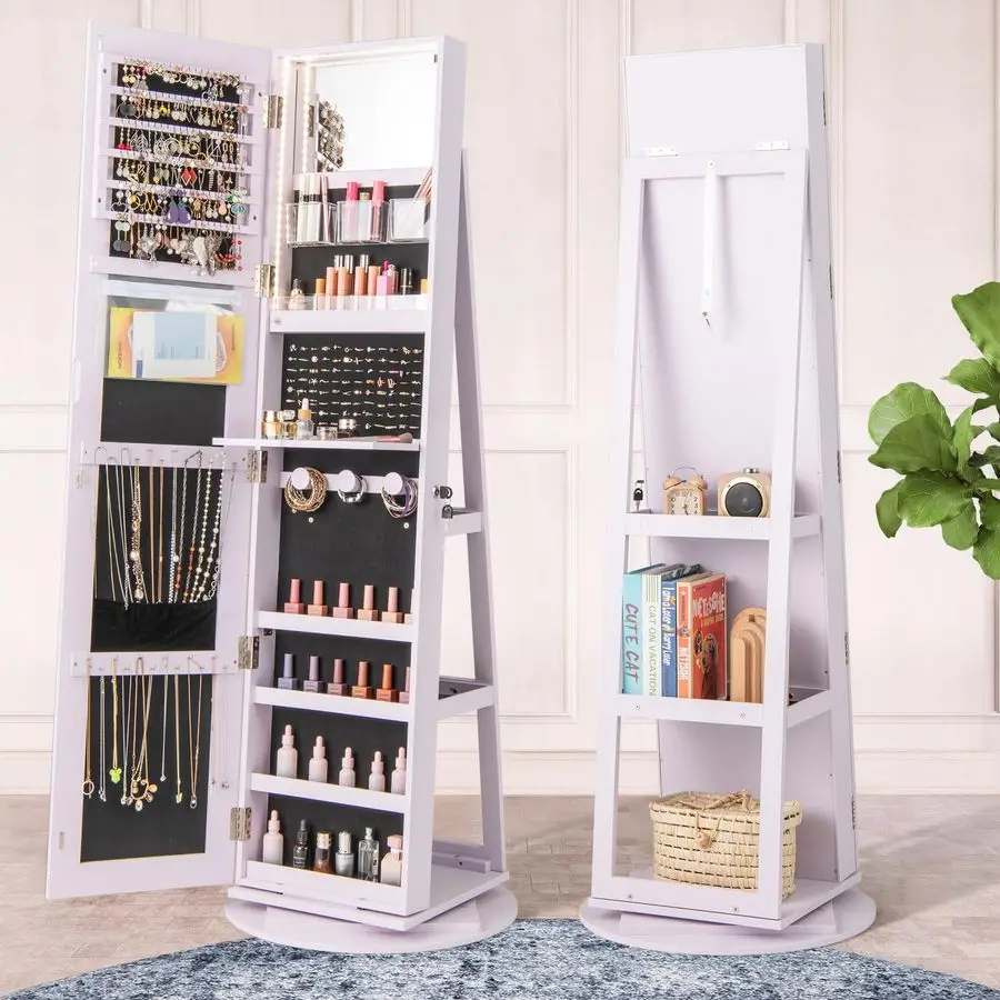 360 Rotating Jewelry Armoire, Lockable Freestanding Jewelry Organizer w Fulllength Mirror, 3Color LED Lights, Rear Storage Shelv