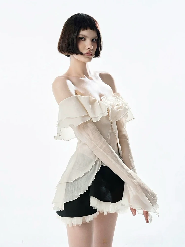 

Pure Desire Sexy One Shoulder Mesh Top Women's Summer New Unique Half Skirt Two Piece Set French Style Polyester Fiber Short ...